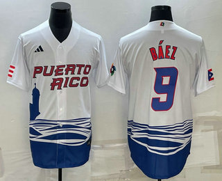 Mens Puerto Rico Baseball #9 Javier Baez White 2023 World Baseball Classic Stitched Jersey
